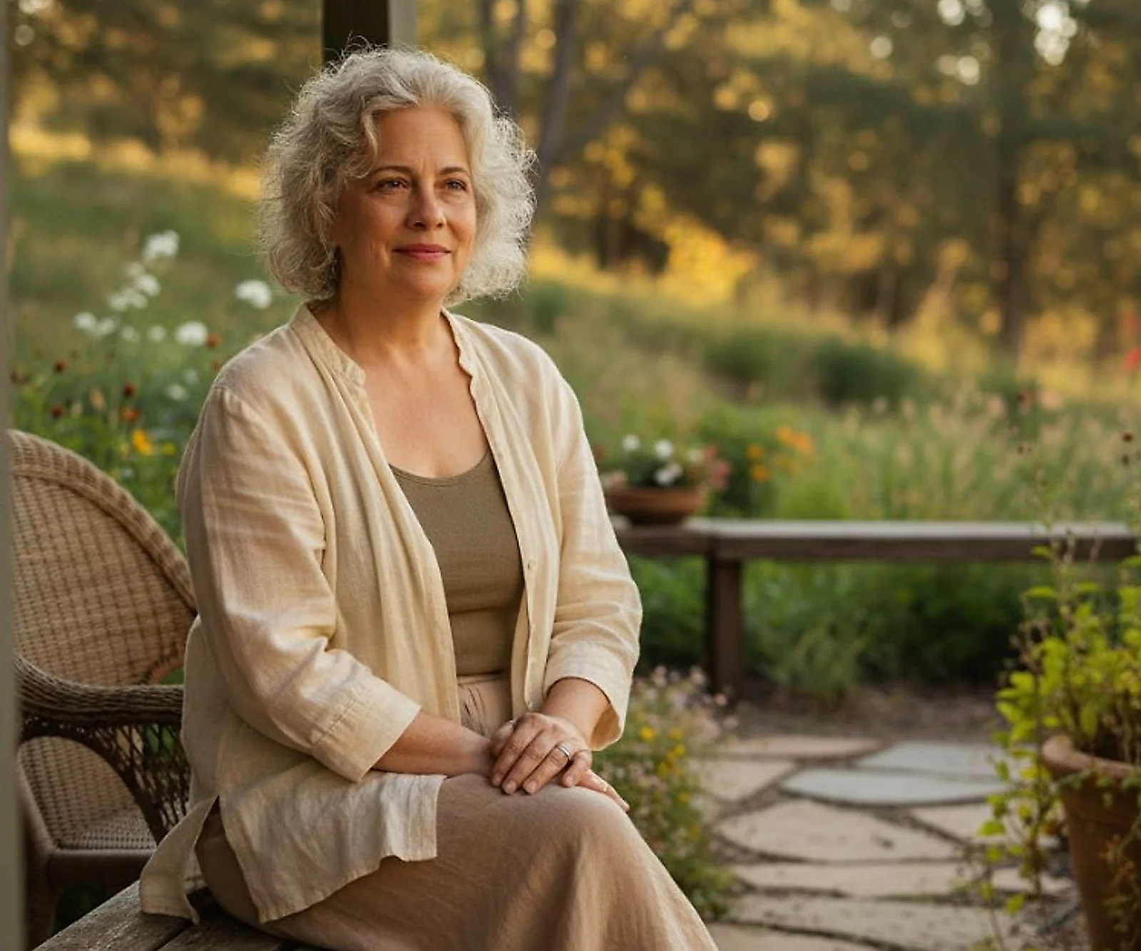 Dr. Sharon Montes sitting on a wooden garden bench during golden hour, silver curly hair, peaceful smile, surrounded by lush greenery and wildflowers.