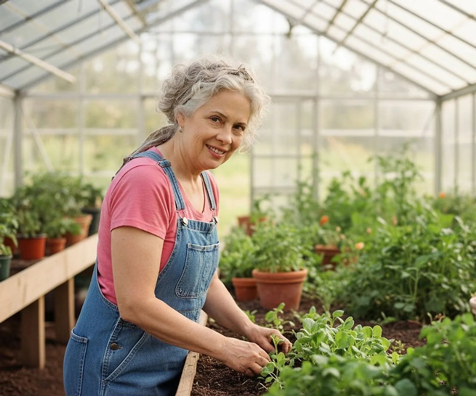 Dr. Sharon Montes smiling while planting seedlings in a bright greenhouse, wearing denim overalls and a pink shirt, hands working with soil and plants.