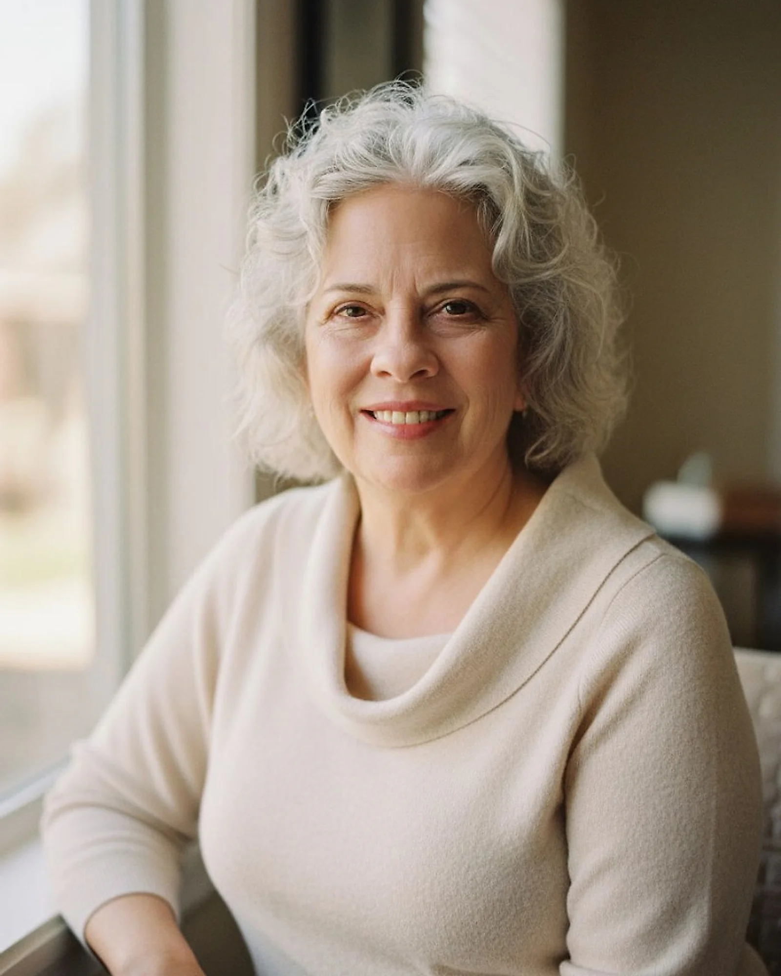Dr. Sharon Montes in a warm head-and-shoulders portrait wearing a cream cowl-neck sweater, silver curly hair, smiling directly at camera by a sunlit window.