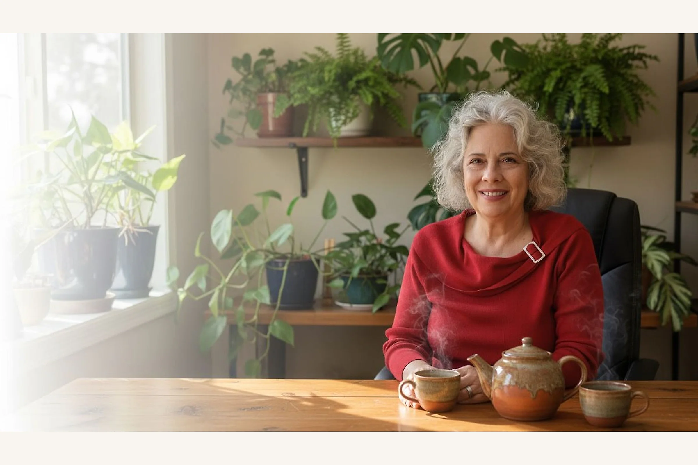 Dr. Sharon Montes smiling in a sage green top, seated at a desk with a ceramic teapot and tea cup, surrounded by lush houseplants including monstera and ferns, soft natural light with copy space on the left.